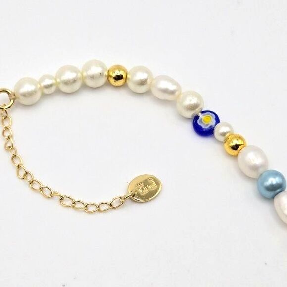 "Fun Flirt" Summertime Genuine Freshwater Pearl Smile Millefiori Beaded Necklace - Picture 5 of 5